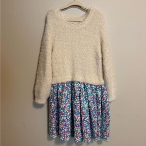 Hatley Cream Fuzzy Sweater Dress with Purple Sequin Floral Skirt